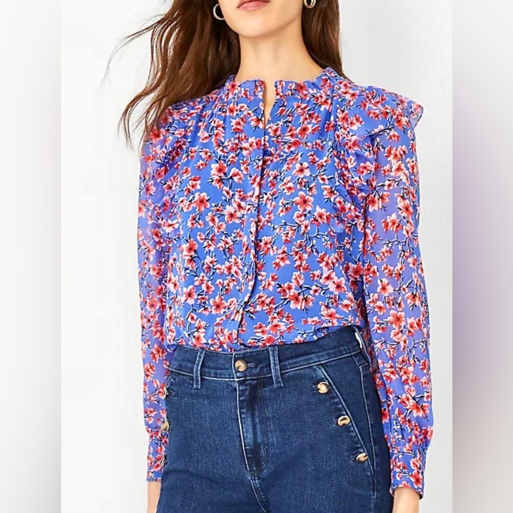 Ann Taylor Cherry Blossom Floral Ruffle Long Sleeve Blouse Size S - Picture 2 of 8